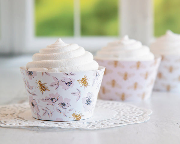 Honey Bee Cupcake Wrappers - Blush Pink and Gold - Printable Digital Download by Greengate Images