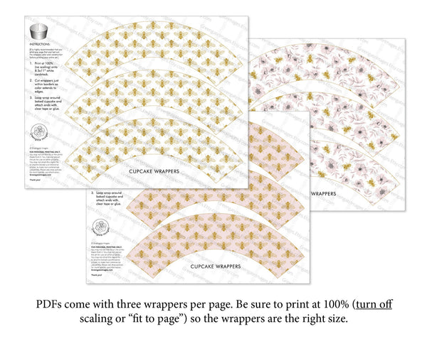 Honey Bee Cupcake Wrappers - Blush Pink and Gold - Printable Digital Download by Greengate Images