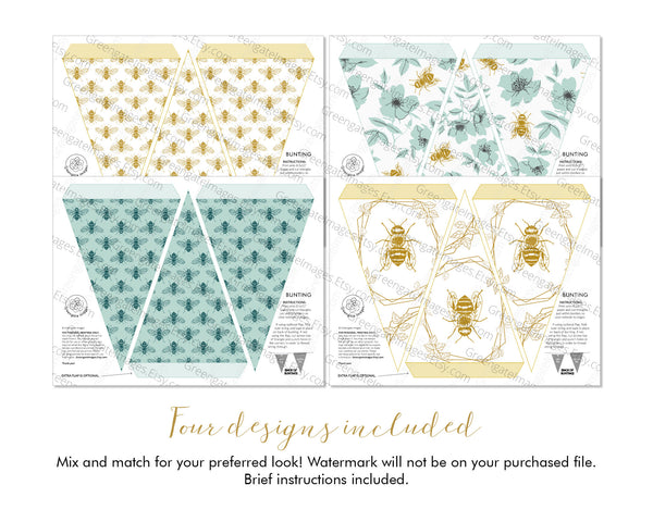 Teal/Gold Honey Bee Bunting Set - Printable Digital Download by Greengate Images