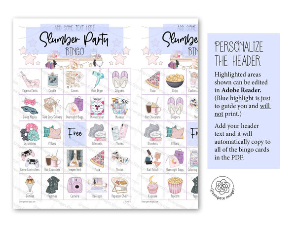 Slumber Party / Sleepover Bingo - Greengate Images
