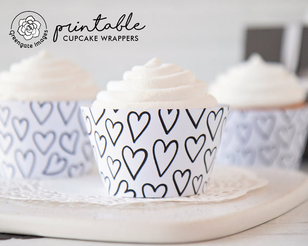 Heart Cupcake Wrapper - Black and White - Printable Digital Download by Greengate Images