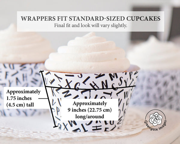 Letters Cupcake Wrapper - Black and White - Printable Digital Download by Greengate Images