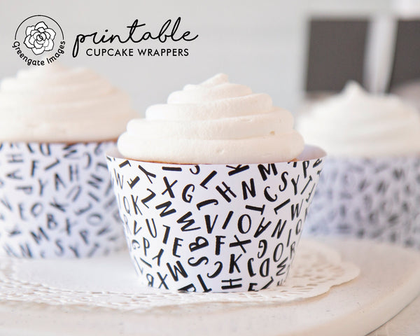 Letters Cupcake Wrapper - Black and White - Printable Digital Download by Greengate Images