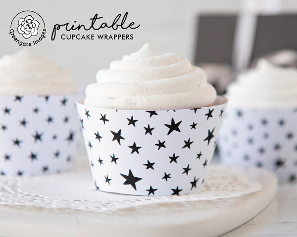 Stars Cupcake Wrapper - Black and White - Printable Digital Download by Greengate Images