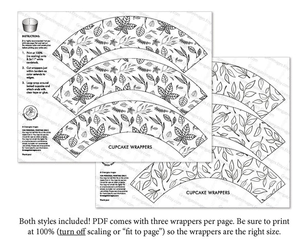 Leaves Cupcake Wrappers - Black and White - Printable Digital Download by Greengate Images