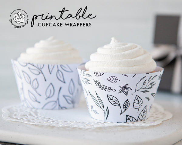 Leaves Cupcake Wrappers - Black and White - Printable Digital Download by Greengate Images