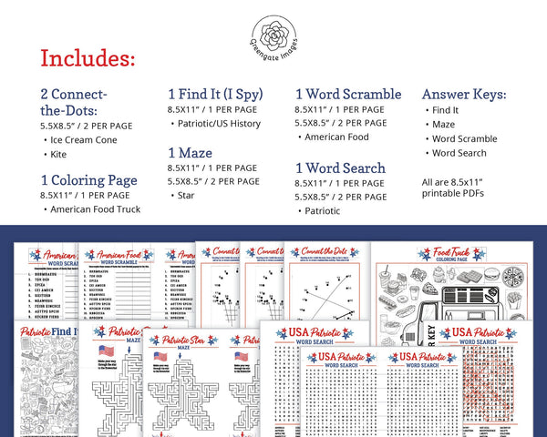 US Patriotic Activity Pack - Printable Digital Download by Greengate Images