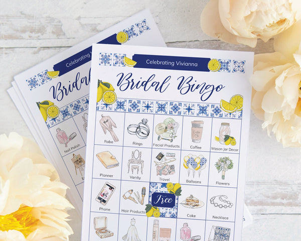 Lemons and Blue Tile Bridal Bingo Cards - Greengate Images