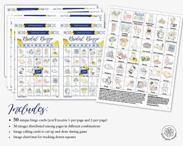 Lemons and Blue Tile Bridal Bingo Cards - Greengate Images