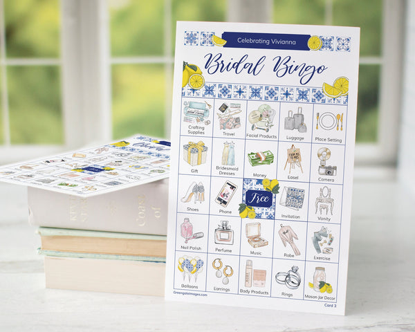 Lemons and Blue Tile Bridal Bingo Cards - Greengate Images