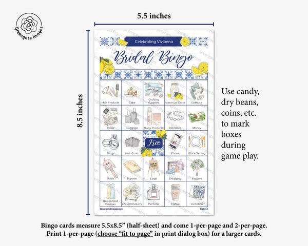 Lemons and Blue Tile Bridal Bingo Cards - Greengate Images