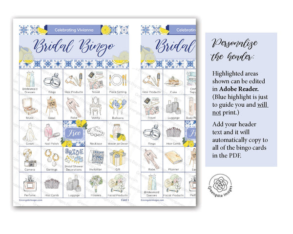 Lemons and Blue Tile Bridal Bingo Cards - Greengate Images