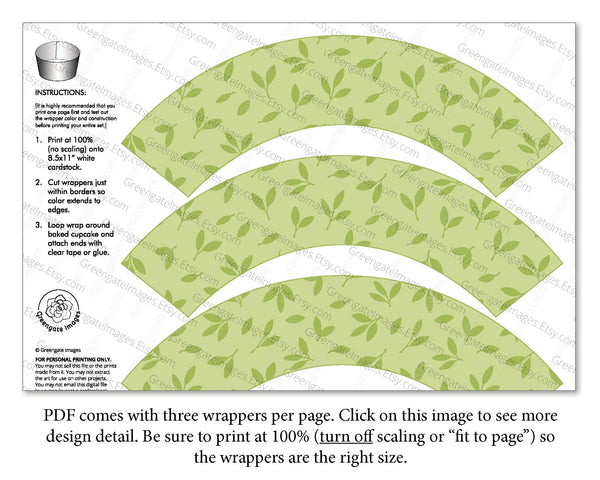 Green Leaves Cupcake Wrapper - Printable Digital Download by Greengate Images