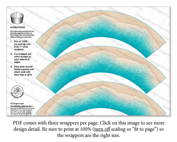 Turquoise Beach Cupcake Wrapper - PRINTABLE pdf, ocean shore water and sand, coastal tropical beach theme birthday party, bridal shower idea