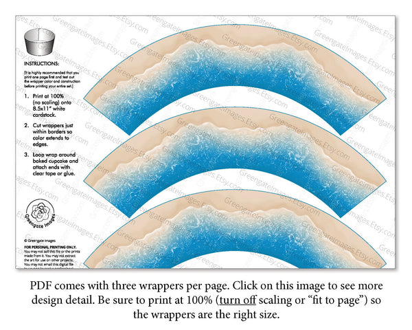 Blue Beach Cupcake Wrapper - Printable Digital Download by Greengate Images