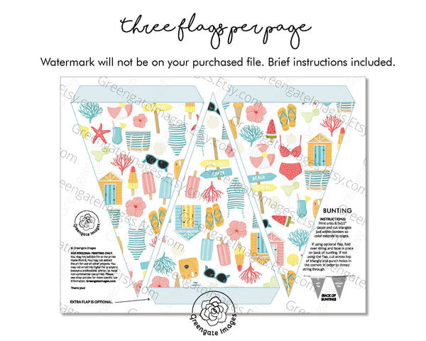Cute Beach Pattern Bunting - Printable Digital Download by Greengate Images