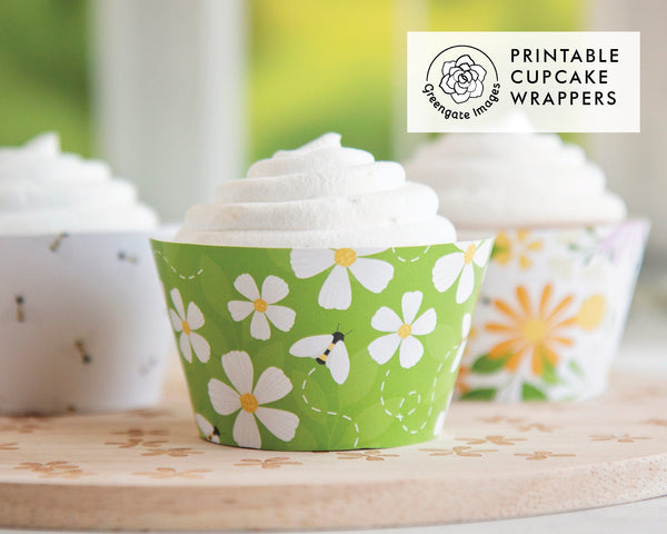 Spring Green Bees and Flowers Cupcake Wrapper Set - Printable Digital Download by Greengate Images