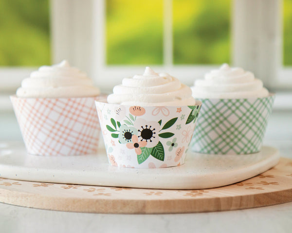 Peach and Mint Cupcake Wrapper Set - Flowers and Plaid - Printable Digital Download by Greengate Images
