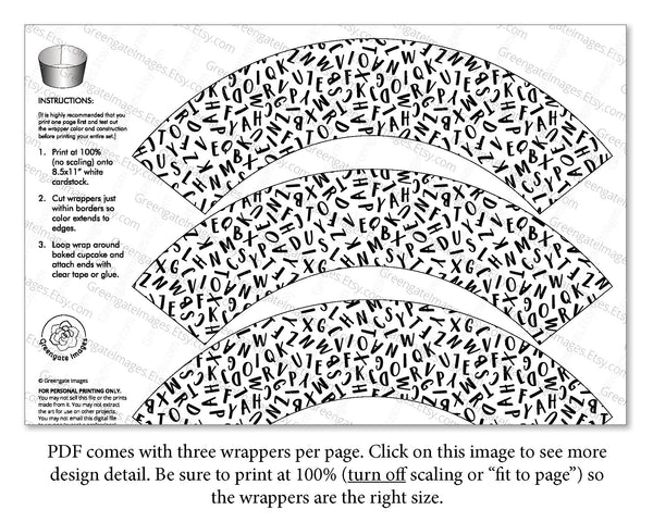 Letters Cupcake Wrapper - Black and White - Printable Digital Download by Greengate Images