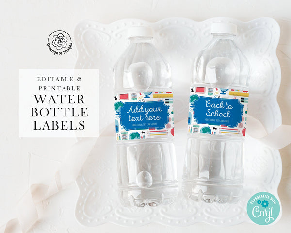School Water Bottle Label - PRINTABLE, Corjl editable, Back to School Night, pattern with cute pictures, supplies, elementary school items.