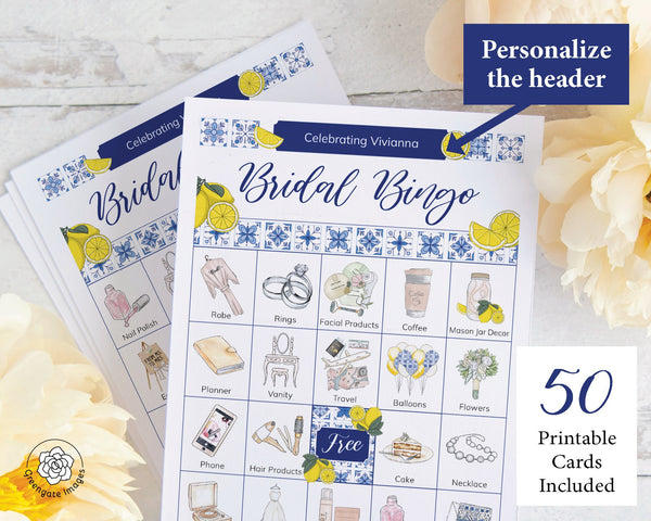 Lemons and Blue Tile Bridal Bingo Cards - Greengate Images