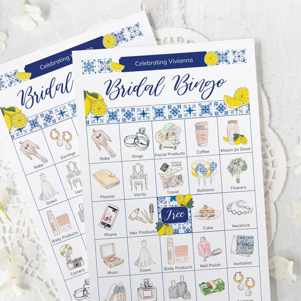 Lemons and Blue Tile Bridal Bingo Cards - Greengate Images