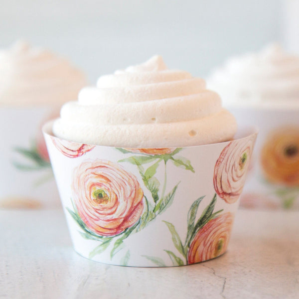 Peach Ranunculus Cupcake Wrappers - Printable Digital Download by Greengate Images