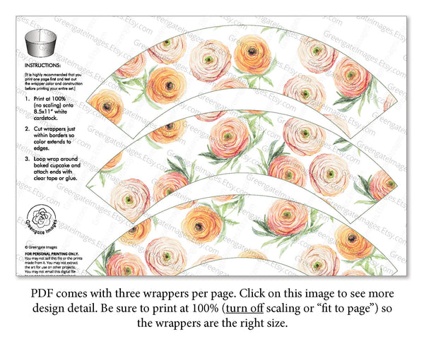 Peach Ranunculus Cupcake Wrappers - Printable Digital Download by Greengate Images