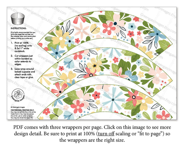 Colorful Floral Cupcake Wrapper - Printable Digital Download by Greengate Images