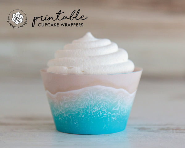 Turquoise Beach Cupcake Wrapper - PRINTABLE pdf, ocean shore water and sand, coastal tropical beach theme birthday party, bridal shower idea
