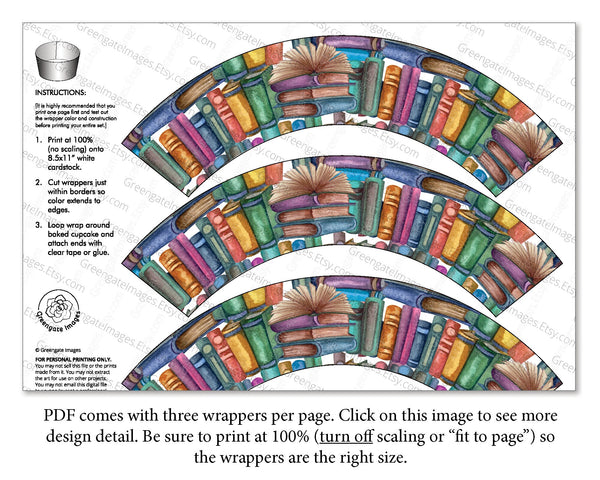 Books/Reading Cupcake Wrapper - Printable Digital Download by Greengate Images