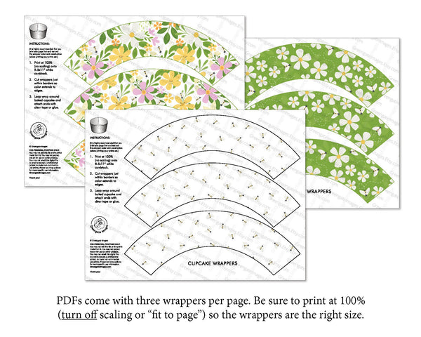 Spring Green Bees and Flowers Cupcake Wrapper Set - Printable Digital Download by Greengate Images