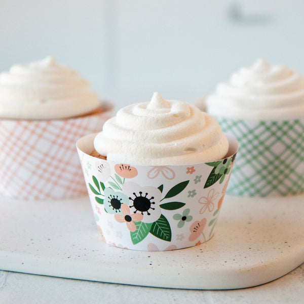 Peach and Mint Cupcake Wrapper Set - Flowers and Plaid - Printable Digital Download by Greengate Images