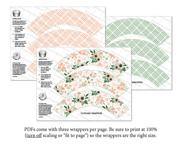Peach and Mint Cupcake Wrapper Set - Flowers and Plaid - Printable Digital Download by Greengate Images