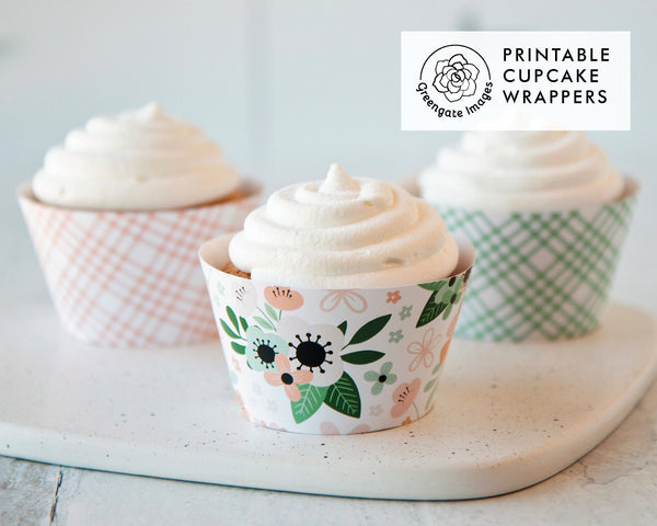 Peach and Mint Cupcake Wrapper Set - Flowers and Plaid - Printable Digital Download by Greengate Images