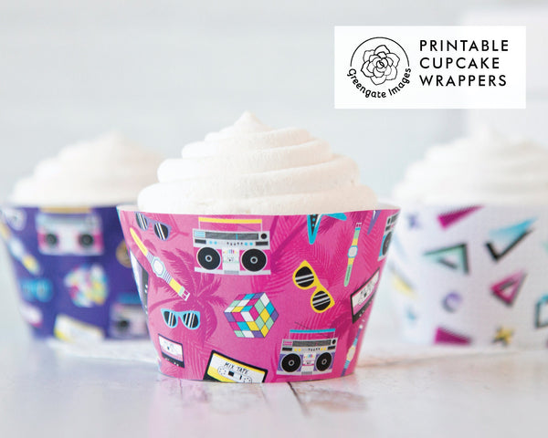 80s Cupcake Wrapper Set - PRINTABLE pdf instant download. Cute, brightly-colored patterns with 1980s design, shapes, and references.