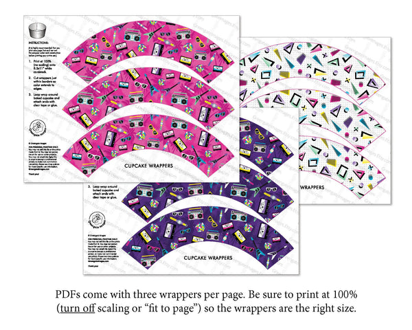 80s Cupcake Wrapper Set - PRINTABLE pdf instant download. Cute, brightly-colored patterns with 1980s design, shapes, and references.