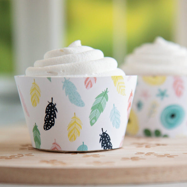 Boho Floral Feather Cupcake Wrappers - Printable Digital Download by Greengate Images