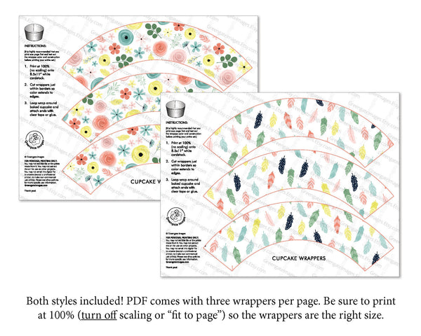 Boho Floral Feather Cupcake Wrappers - Printable Digital Download by Greengate Images