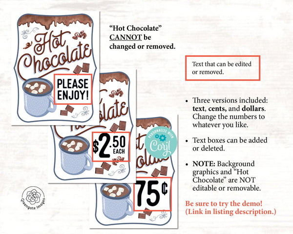 Hot Chocolate Sign - PRINTABLE Corjl 8.5x11" sign template. Hot cocoa for sale w/price or text. Change/customize/edit price amount.