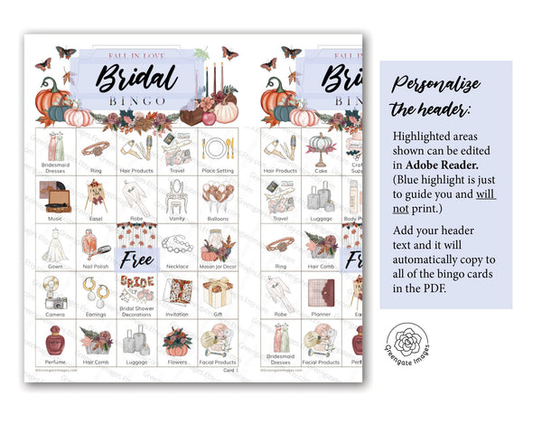 Fall / Autumn Bridal Bingo Cards - Printable Digital Download by Greengate Images