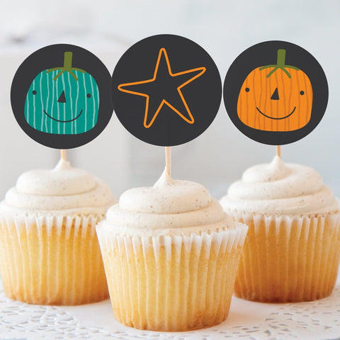 Pumpkins and Stars 2" Circle Cupcake Toppers - PRINTABLE toppers/stickers PDF. Jack-o-lanterns in teal, aqua, tomato orange, yellow-orange.