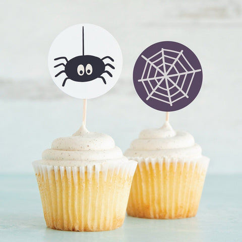 Spiders and Webs 2" Circle Cupcake Toppers - PRINTABLE toppers or stickers PDF. Purple, black, white. Simple minimal design for kids party.