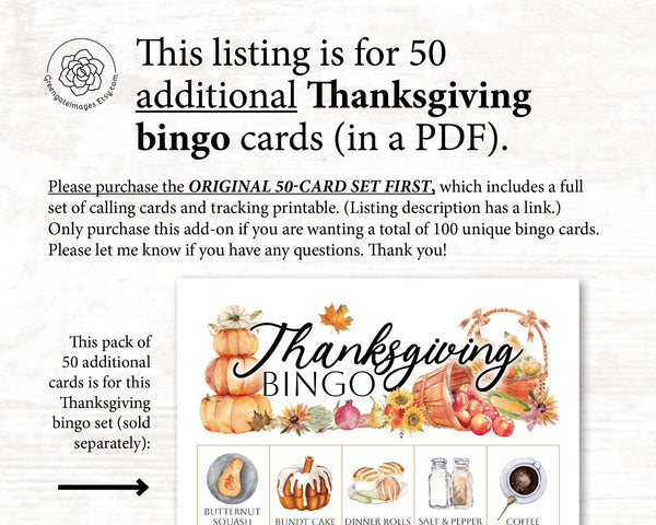 ADD-ON: 50 additional Thanksgiving bingo cards (numbered 51-100) - Printable Digital Download by Greengate Images