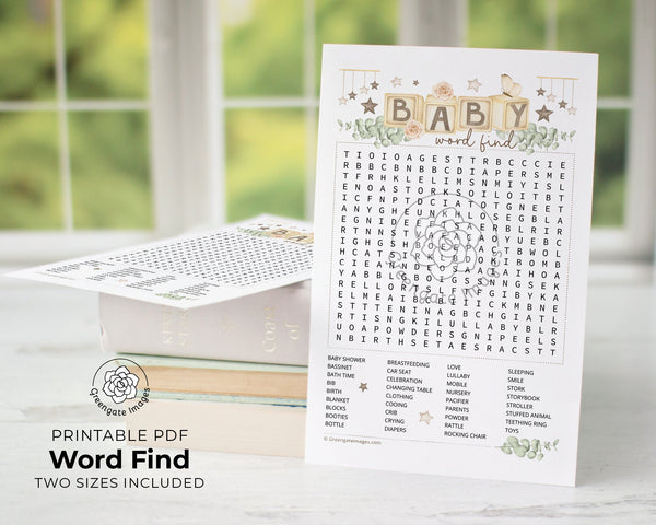 Baby Word Find - PRINTABLE downloadable activity. Baby shower word search for guests, adults & older kids. Beautiful boho artwork aesthetic.