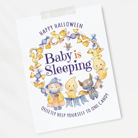 Baby Sleeping Halloween Door Sign - PRINTABLE instant download. 8.5x11" message for trick-or-treaters. Do not disturb, help yourself, knock.