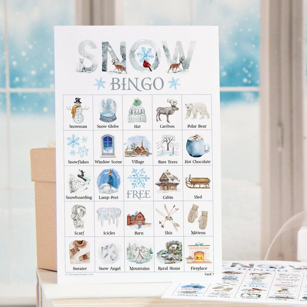 Snow Bingo Cards: Printable bingo, 50 cards, senior citizen activity, kids game, birthday idea, winter bingo w beautiful labeled pictures