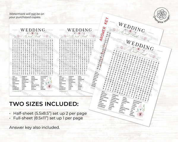 Wedding Word Find - General Greenery and Roses - Printable Digital Download by Greengate Images