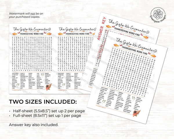 Thanksgiving Word Find - The Gifts We Encounter - Printable Digital Download by Greengate Images