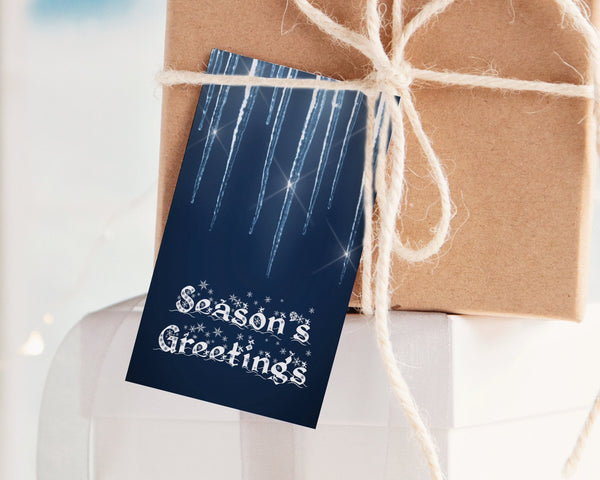 Icicle Gift Tags - PRINTABLE template that you edit on the Corjl website. Simple, navy blue bag tag. Winter ice snow wedding favor ideas.